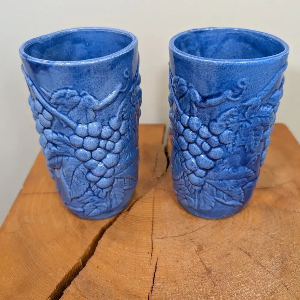 Inarco Pottery Cups Mood Indigo Grapevine Motif Blue Ceramic Stoneware Set of 2